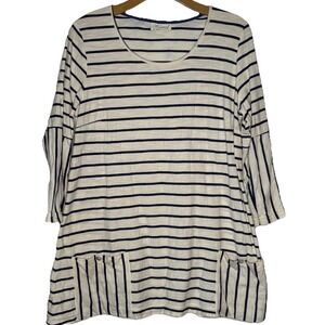 Komil T-shirt Tunic Top Cream Navy Stripe Med Pockets Lagenlook Nautical Cruise*